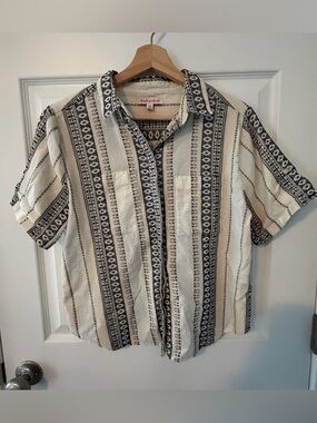 Fresh Produce Short-Sleeve Button-Down Shirt in Cream and Black Stripes